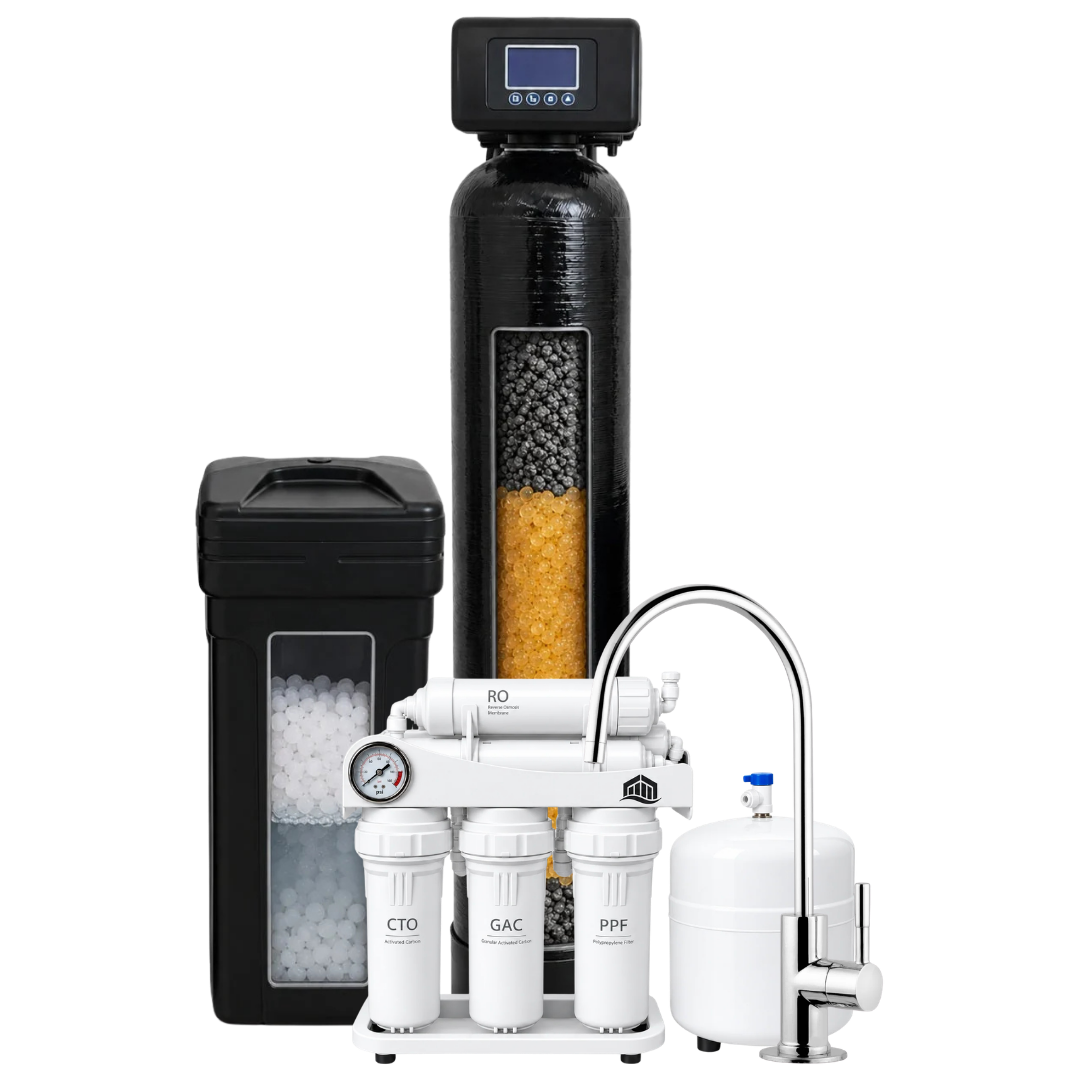 City Water FilterSoft Pro softener with brine tank, 5-stage reverse osmosis drinking system with storage tank, and matching dedicated faucet