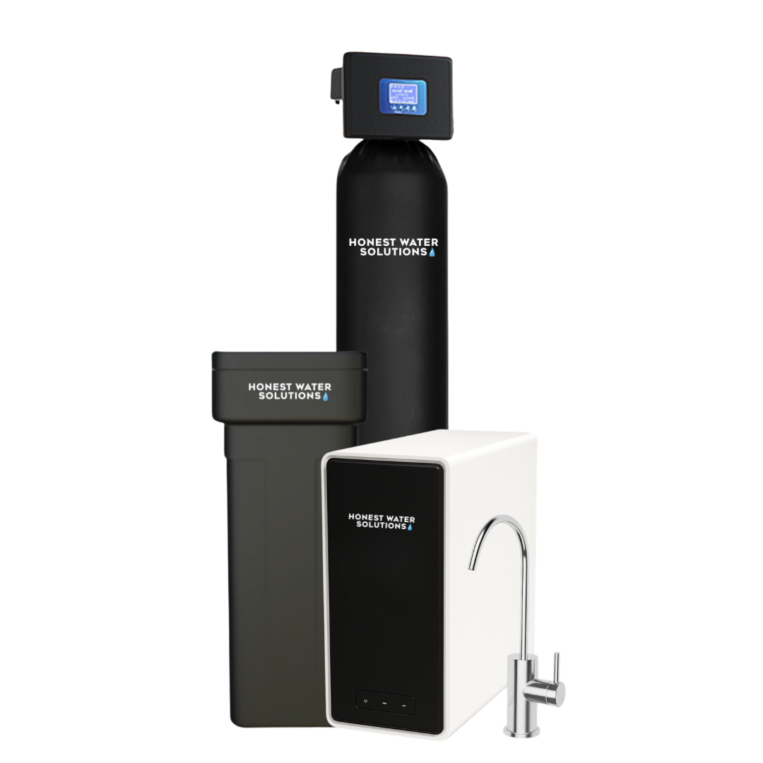 Honest Water Solutions branded single-tank softener, brine tank, and tankless R.O. drinking system with faucet