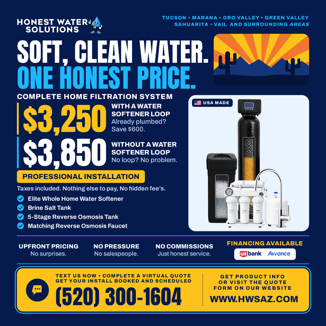 Complete Home Filtration System: whole home water softener, brine salt tank, 5-stage reverse osmosis tank and matching faucet, with upfront pricing, professional installation, and financing available